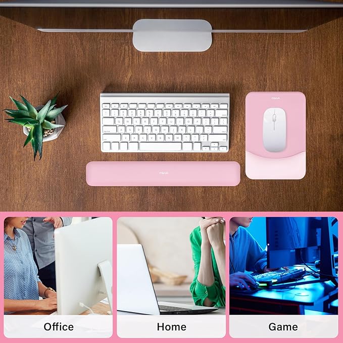 MOSISO Wrist Rest Support for Mouse Pad&Keyboard Set, Rectangular Ergonomic Mousepad Non-Slip Base Home/Office Pain Relief&Easy Typing Pad with Neoprene Cloth&Raised Silicone Lining, Pink