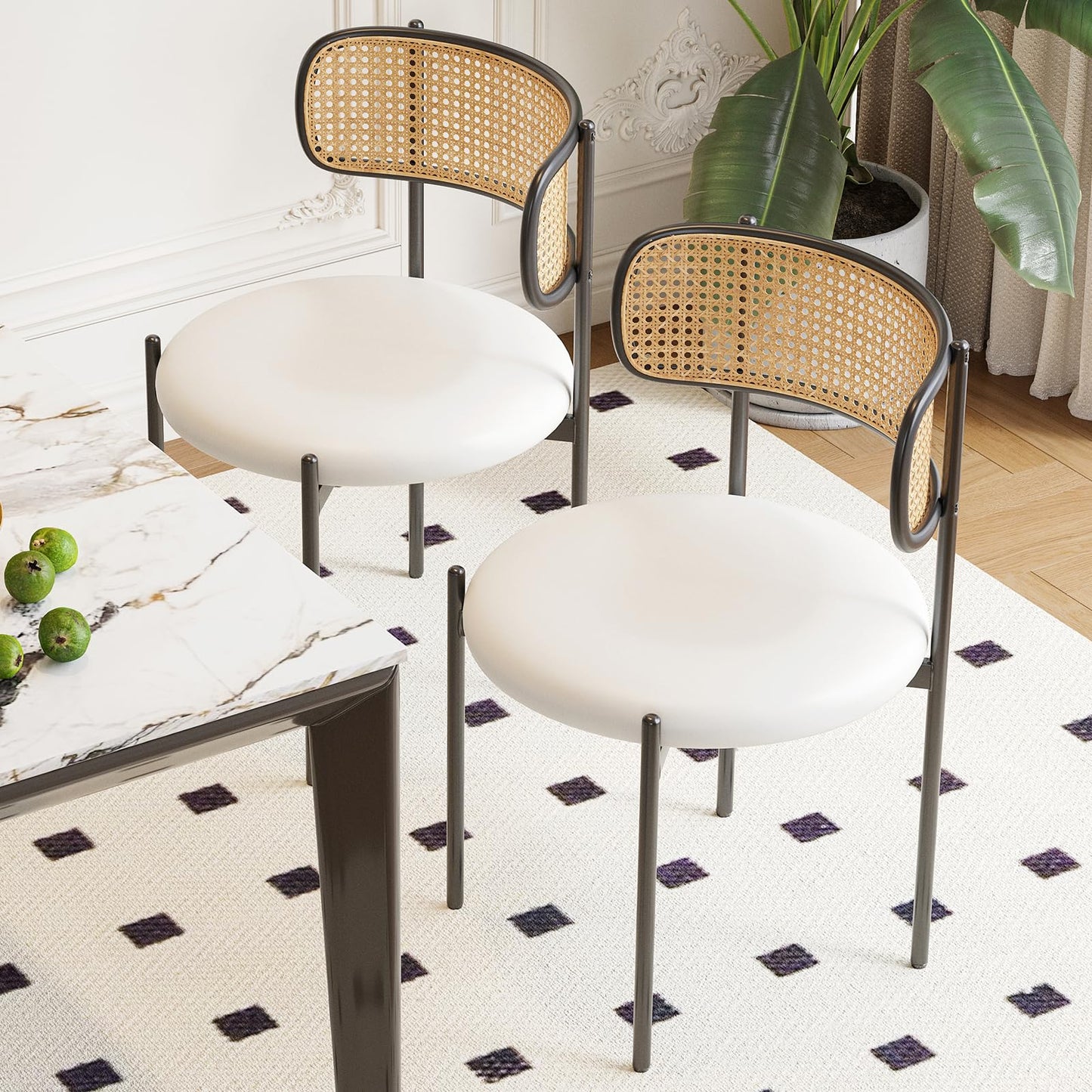 Farini Dining Chairs Set of 4, PU Leather Upholstered Seat with Woven Rattan Back, Sturdy Metal Legs Modern Side Chairs for Kitchen Living Room Restaurant, Beige