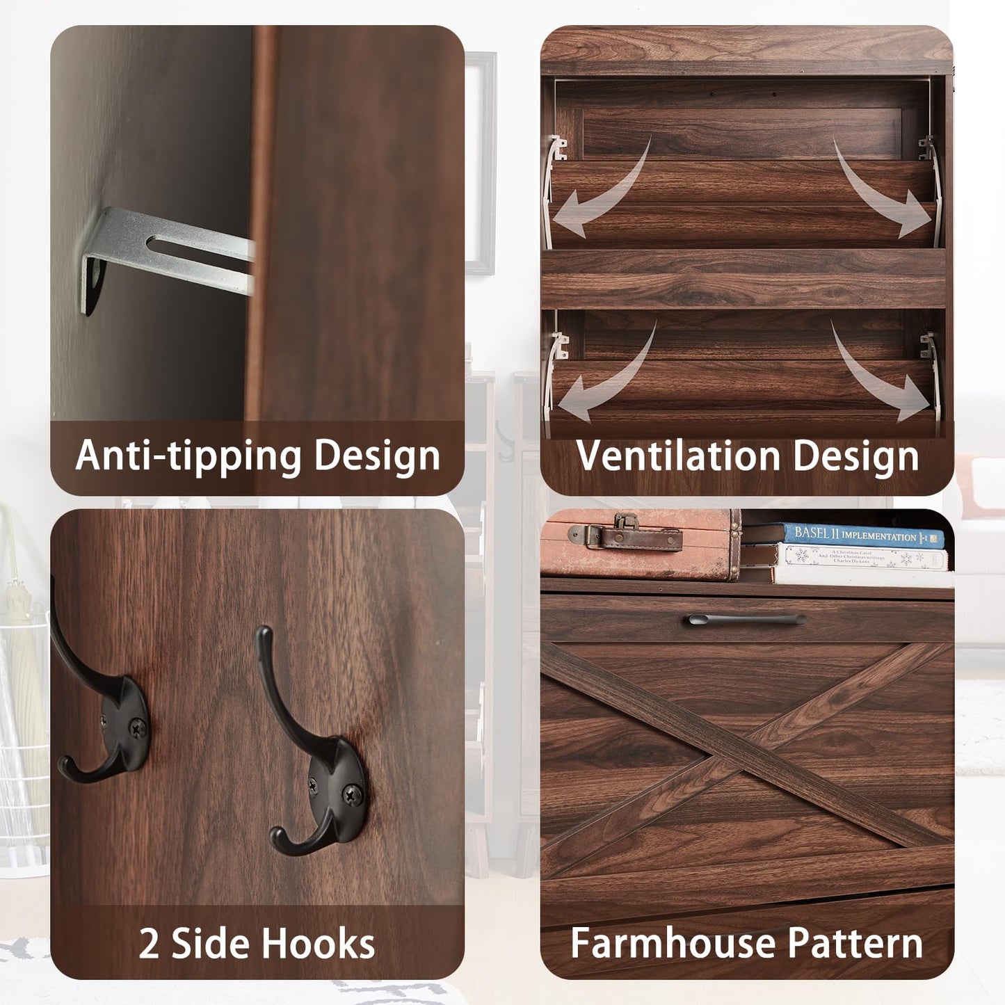 Joaxswe Shoe Storage Cabinet for Entryway with 2 Flip Drawers, Farmhouse Shoes Organizer with Wood Legs, Narrow Hidden Shoe Rack with Open Storage Shelf, Slim Shoe Closet for Hallway, Brown Walnut