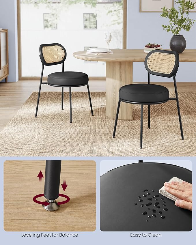 VASAGLE Dining Chairs, Set of 2 Accent Chair for Dining Room Kitchen, with Boho PE Rattan Back, Synthetic Leather Upholstery, Ink Black ULDC160B02