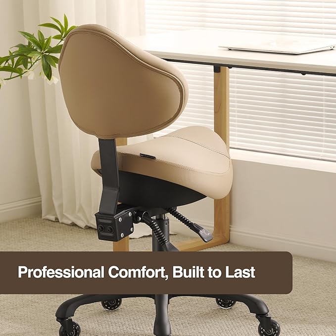 Pneumatic Swivel Rolling Saddle Chair with Wheels and Ergonomic Back Support for Hair Stylist, Dental Hygienist, Hygienic Clinic, Spa, Massage, Home, Office - 510 KOA (Tan, Standard)