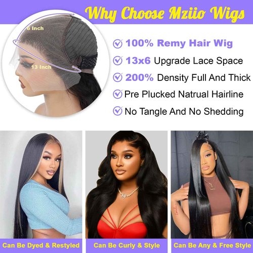 Mziio 28 Inch Straight Human Hair Wig 200% Density HD Lace Front Wigs Human Hair with Natural Hairline 13x6 Straight Lace Front Wigs Human Hair Pre Plucked Glueless Wigs Human Hair For Women