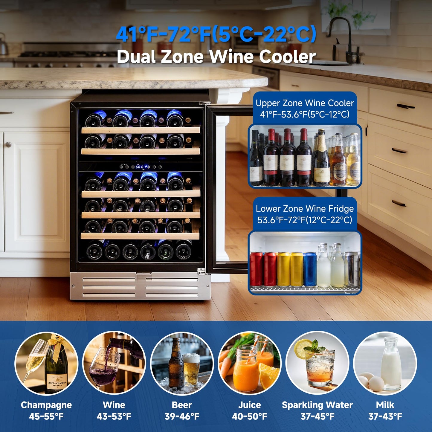 BODEGA 24 Inch Dual Zone Wine Fridge, 46 Bottle, Black 24” Wine Cooler Under Counter For Home and Kitchen, With Double-Layer Glass Door, Wine Refrigerators Free standing with Temperature Control.