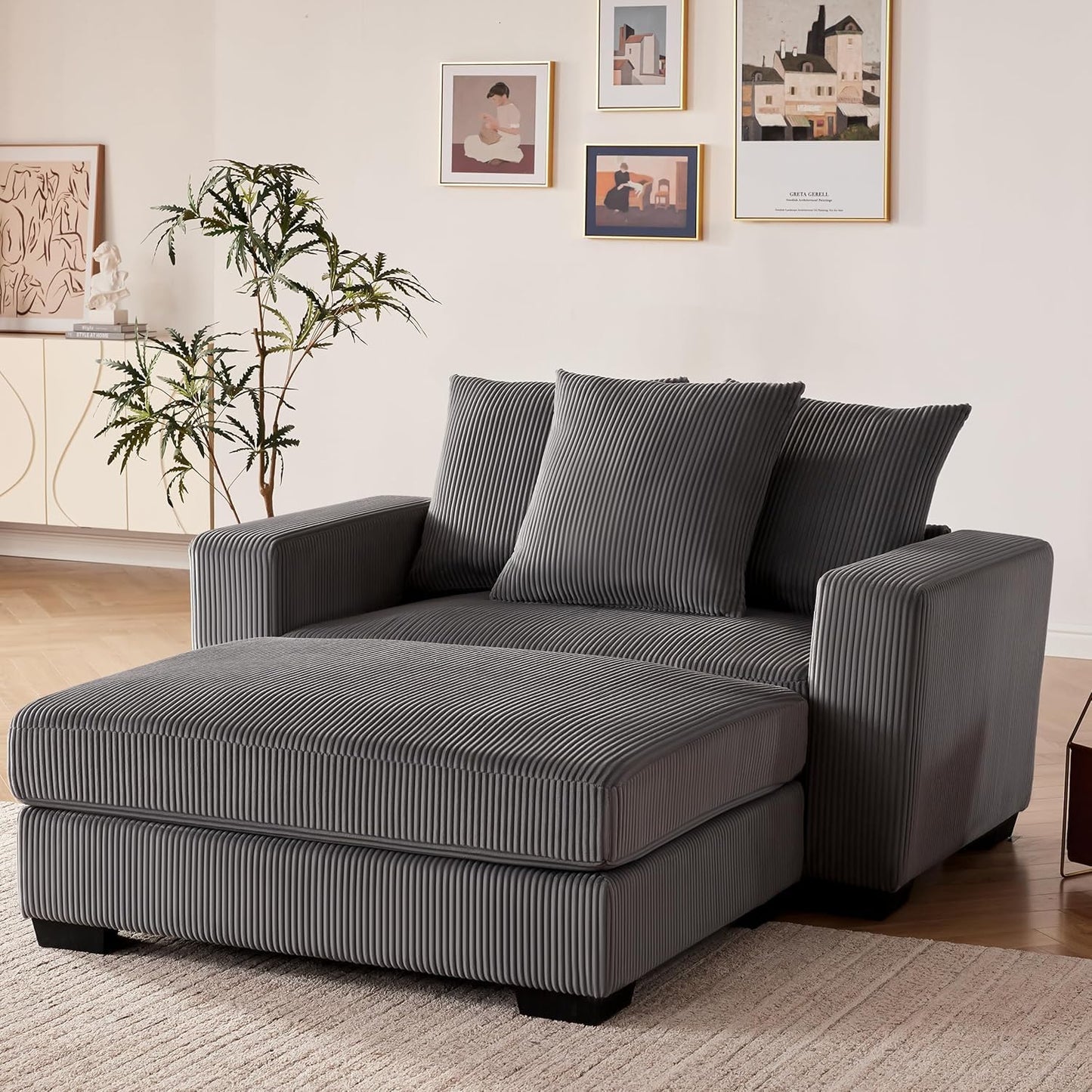 Mangodan 58.3" Oversized Chaise Lounge Indoor for Living Room, Solid Wood Comfy Sleeper Reclining Chair with Thickened Cushions Widened Armrests for Bedroom, Deep Seat Lounge Chair with Ottoman, Grey