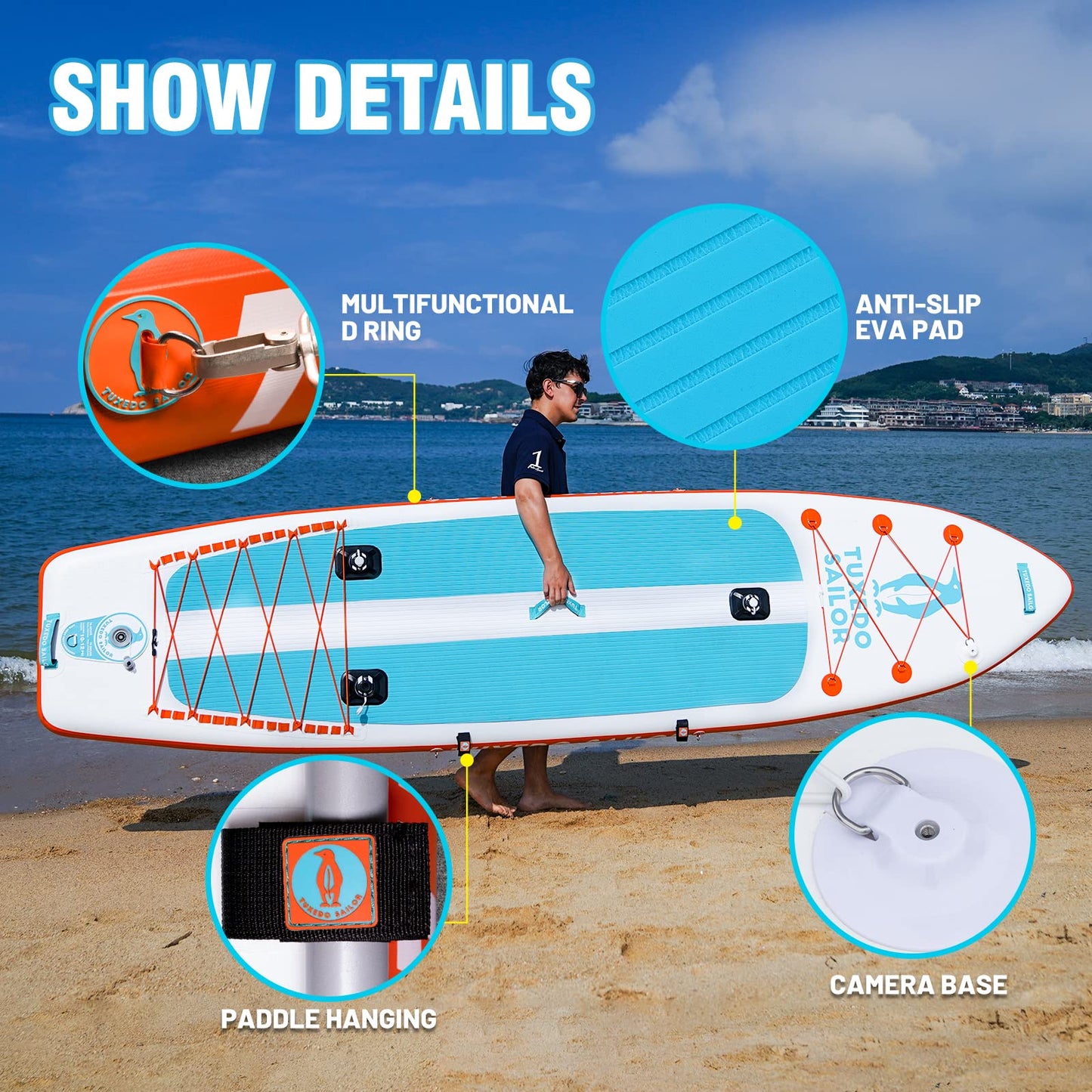 Tuxedo Sailor Large Size Inflatable Fishing Kayak 12'×34"×6" Ultra Long Stand Up Paddle Board Complete Accessories, Fishing Support Bases, Kayak Seat etc
