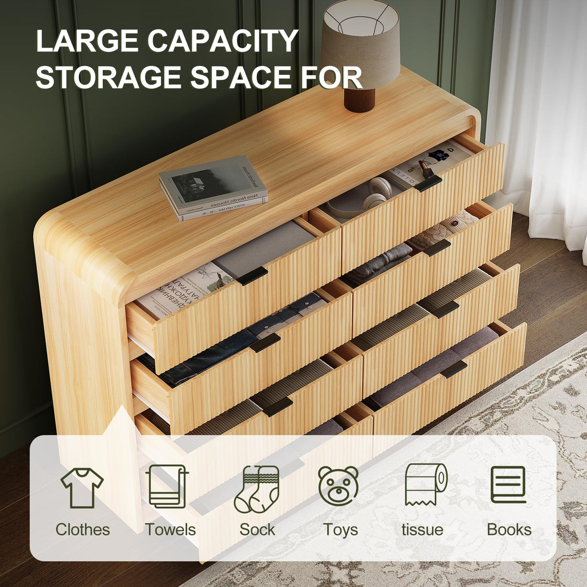 FURSUN Fluted 8 Drawers Dresser for Bedroom, 55" Wide Wooden Dresser with Metal Handle, Curved Profile Design, Modern Storage Organizer for Living Room, Hallway, Natural Oak