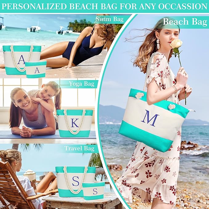 YOOLIFE Beach Bags for Women - Initial Canvas Tote Waterproof Bag with Makeup Bag Gifts for Women Mom Friend Birthday Her