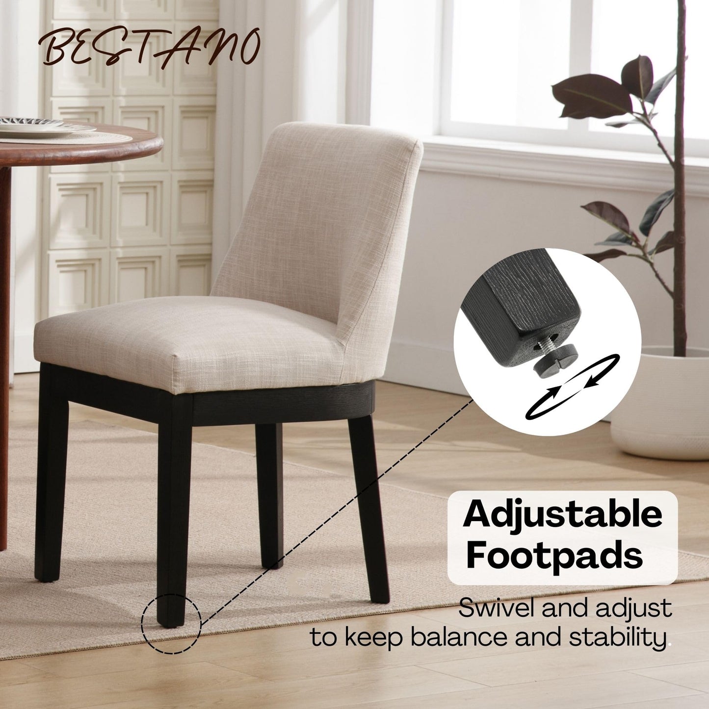 BESTANO Modern Dining Chairs with Black Wood Legs Set of 2, Linen Fabric Upholstered Dining Room Chairs Kitchen Side Chairs with Back, Beige