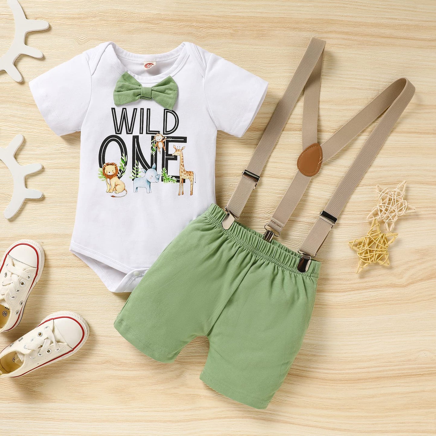 GRNSHTS Baby Boys 1st Birthday Cake Smash Outfit Wild One Bowtie Romper+Bloomers+Suspenders Photo Shoot Clothes Set (Light Green,12-18 Months)
