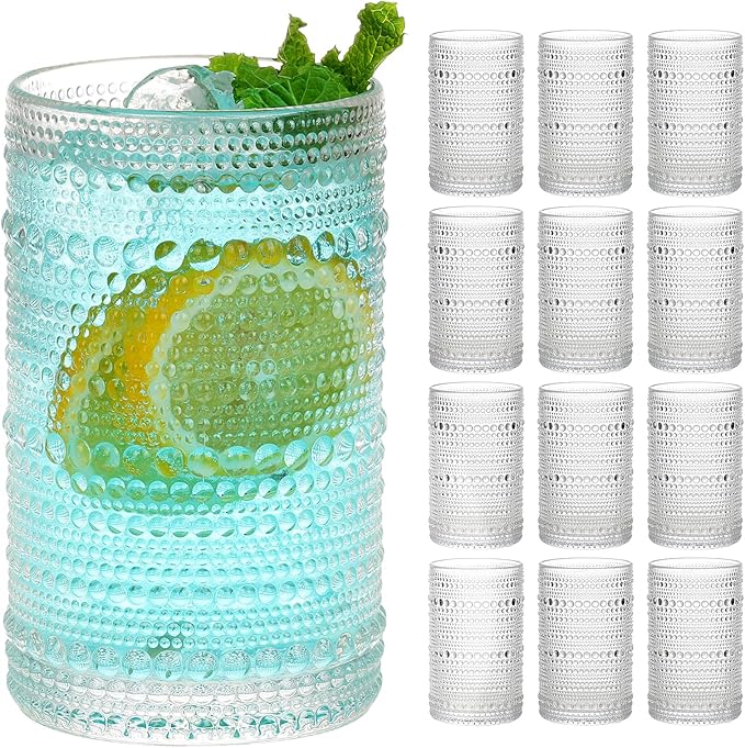 Moretoes Hobnail Drinking Glasses Set of 12,12 Oz Highball Glasses Clear Embossed Boho Water Glass Cups Kitchen Bar Tumble...