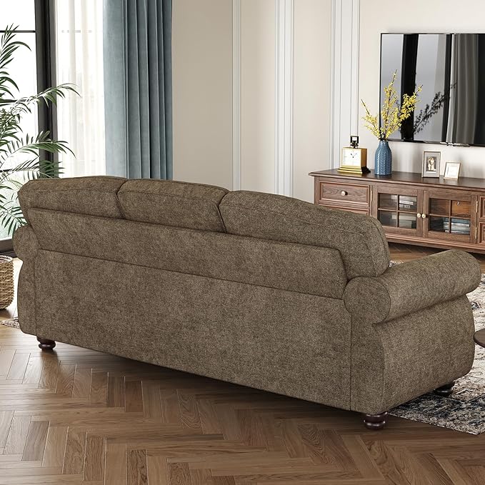 ONBRILL 90 Inch Nailhead Trim Couch for Living Room, 23 Inch Deep Seat Rolled Arm Sofa, Comfy Upholstered 3 Seater Chenille Couch w/Wooden Leg, Large Traditional Sofa for Farmhouse, Brown