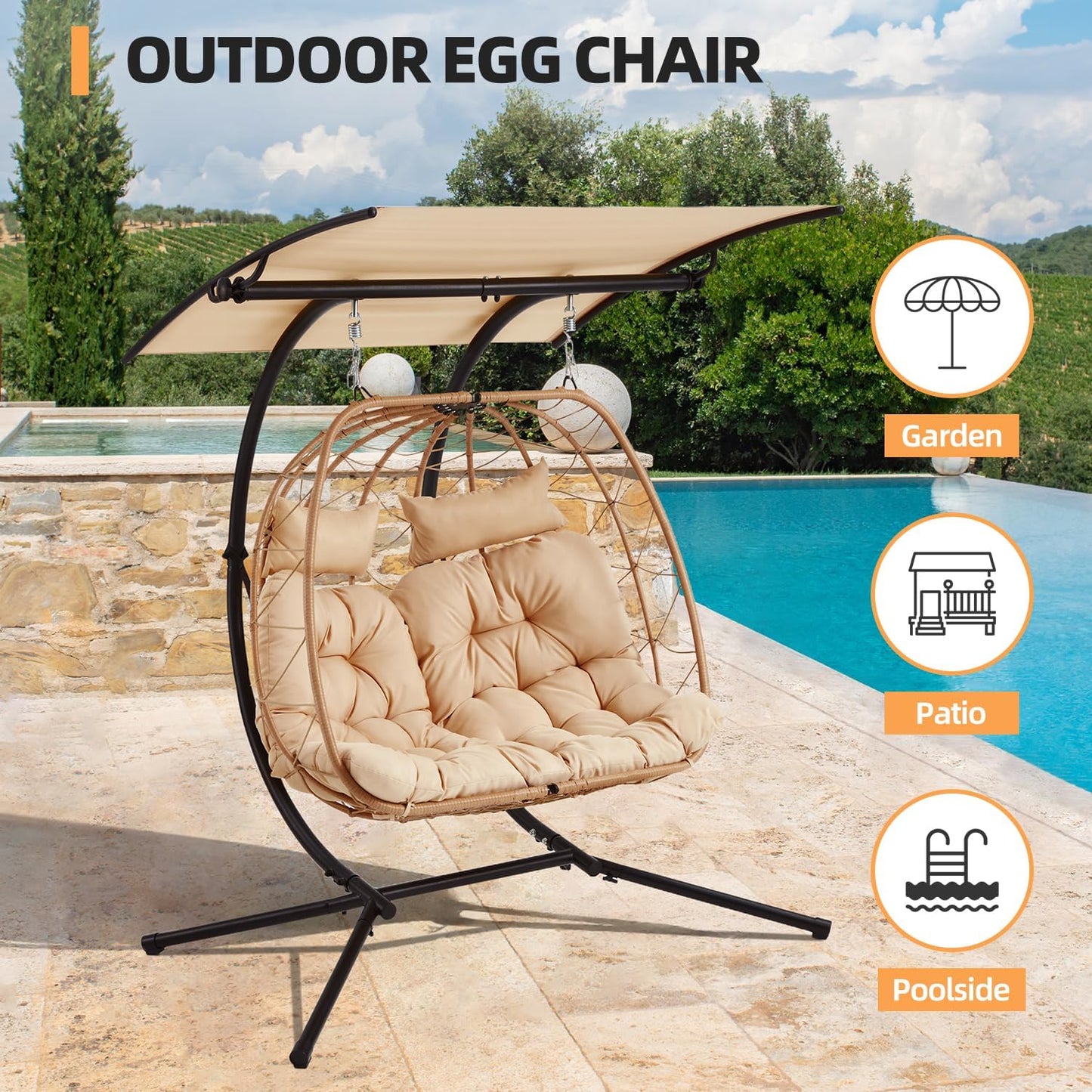 YOLENY Oversized Double Egg Chair with Adjustable Canopy, Patio Hanging Swing Chair, Hammock Chair with Cushion