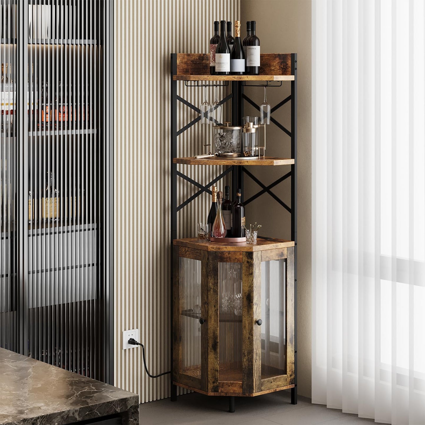 Airynee Corner Bar Cabinet with Power Outlet, 5-Tier Corner Wine Cabinet with Led Strip and Glass Holder, Industrial Tall Liquor Cabinet Bar Wine Rack for Home, Rustic Brown