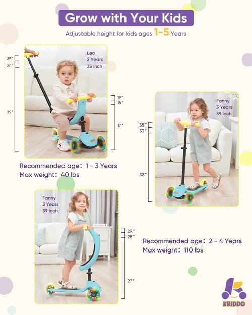KRIDDO 5-in-1 Kids Kick Scooter, Lean-to-Steer, Toddler Toy Scooter with Adjustable Height, 3 Lighted Wheels, Ideal for Indoor & Outdoor, Gift for Kids Ages 1-5 Years, Blue