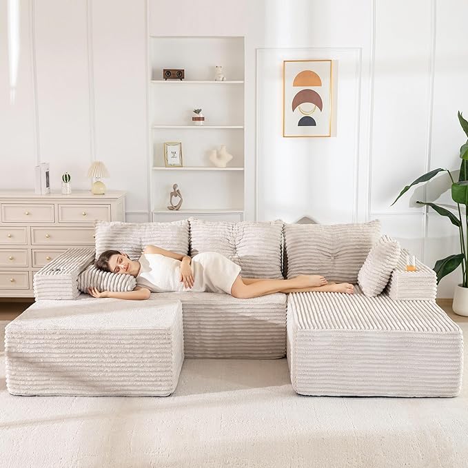 MAXYOYO 104" U-Shaped Modular Sectional Couch, Modern Boneless Couch for Living Room, Sofa in A Box, Oversized Sofa Sleeper with Deep Seat, No Assembly Required, Grayish Beige
