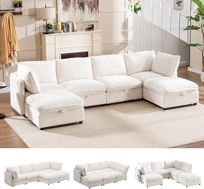 125" Oversized Modular 6 Seater Sofa with Removable Covers and Storage, Convertible U, L-Shaped and Sleeper Sectional, Modern Corduroy Couches with Ottoman Chaise for Living Room, Apartment, White