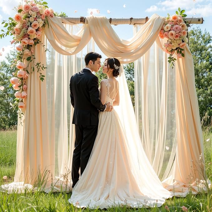 Wedding Arch Draping Fabric, 1 Panel 18FT Champagne Sheer Backdrop Curtain Chiffon Fabric Drapery Voile Scarf Draping Panels for Wedding Archway Ceremony Curtain Valance Party Decoration