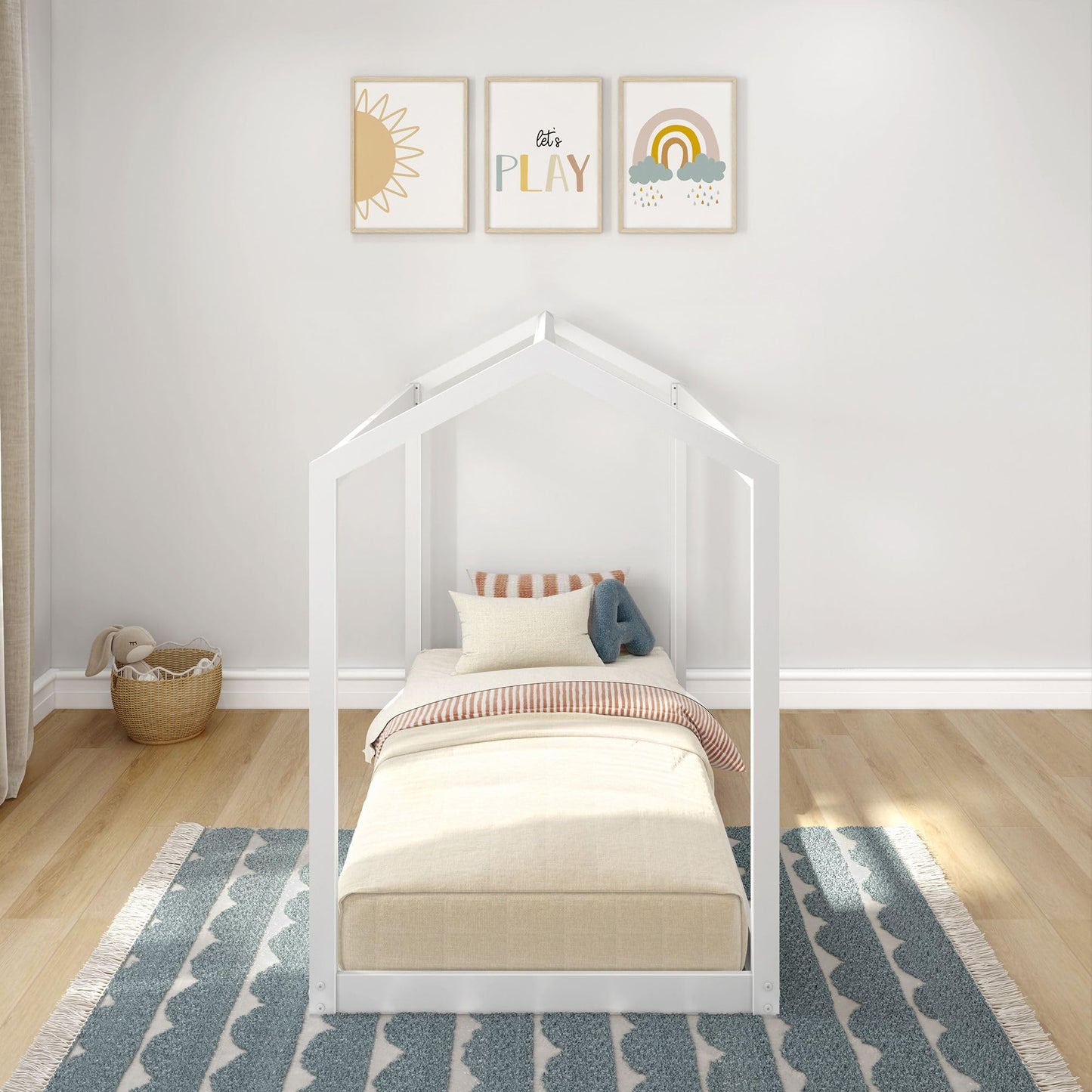Max & Lily Twin Floor House Bed, Modern Solid Wood Low Bed Frame for Kids, Montessori Floor Bed for Bedroom, Playroom, Wooden Slats, White