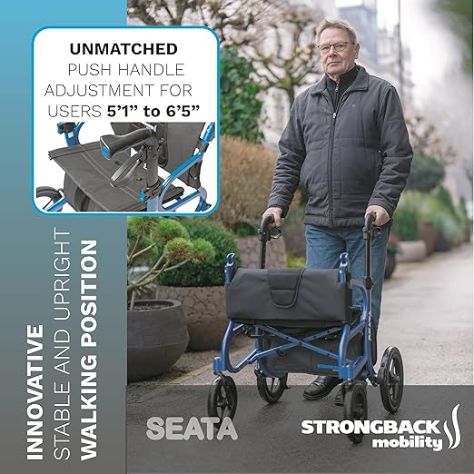 Strongback Mobility Seata Rollator Walker with Seat for Seniors - Lightweight Foldable Adult Mobility Aid with Wheels and Brakes, Ergonomic Back Support, Adjustable Height, 19.6" Width, 300lb Capacity