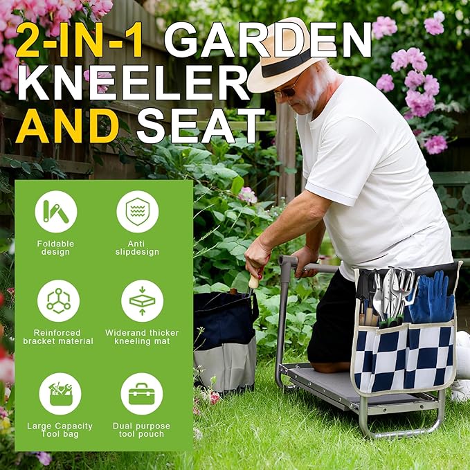 YUFNMKT Garden Kneeler and Seat, Wider Thicker Kneeling Pad, Heavy Duty Garden Stool Includes Gardening Tools Pouch and Bag, Convertible Garden Bench Kneeling Chair/Gifts for Parents Women Seniors