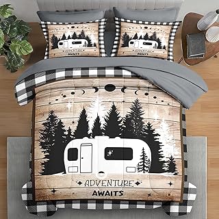 Pamnest Comforter Set Twin Size, Camping Camper Rv 5 Pcs Bedding for Kids and Adults, Car Family Bed Sheet Sets with Fitte...