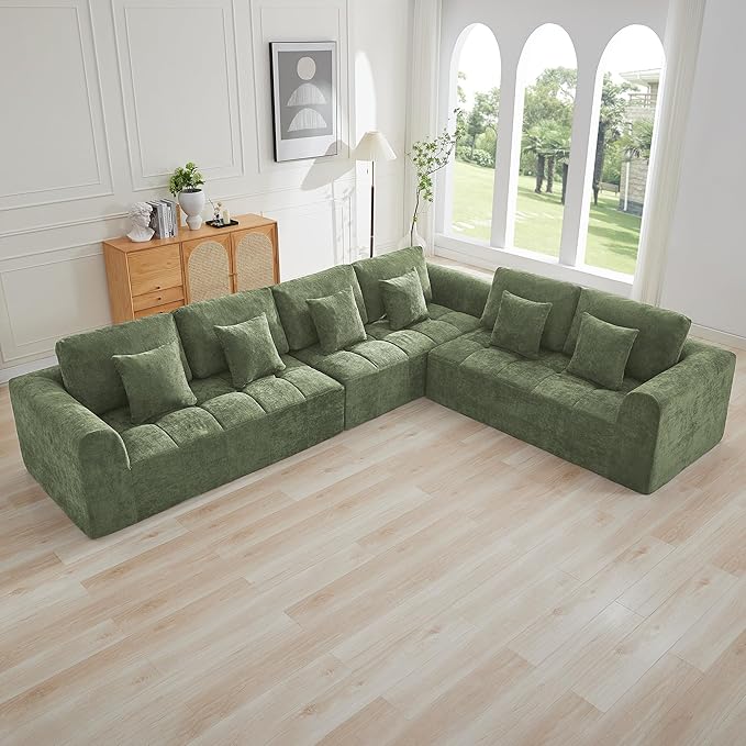 140''Modular Sectional Couches for Living Room, Cloud Boneless Compressed Sectional Sofa, Oversized L Shaped 6 Seater Upholstered Memory Foam Sofa, No Assembly, Chenille Green