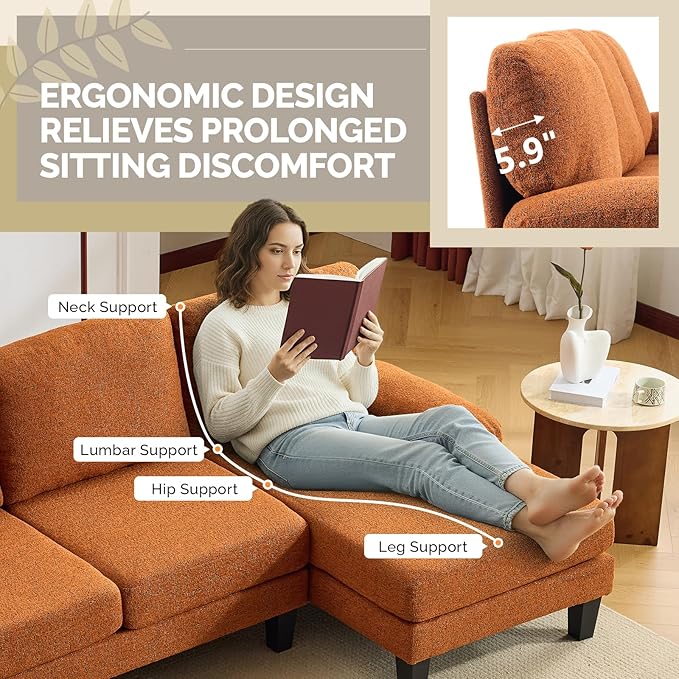 VINGLI 110' U-Shaped Sectional Couch with Two Chaise, Affordable Small Sofa with 4 Seats, Chenille Fabric Comfy Couches for Living Room, Orange