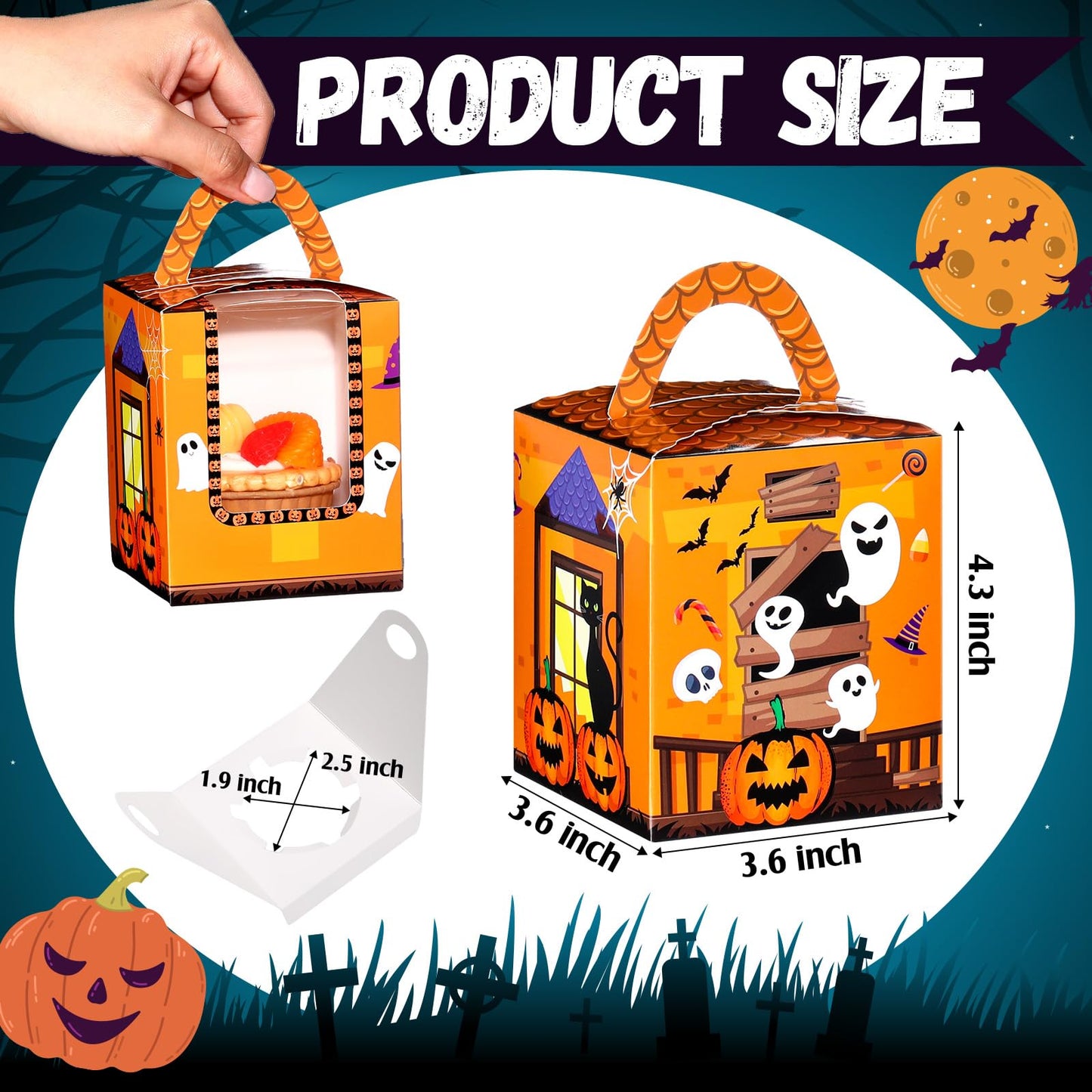 Qeeenar 60 Pieces Halloween Cupcake Boxes Halloween Individual Carriers Party Boxes with Clear Window for Cupcake Candies Gifts Wrap Dessert Table Decoration