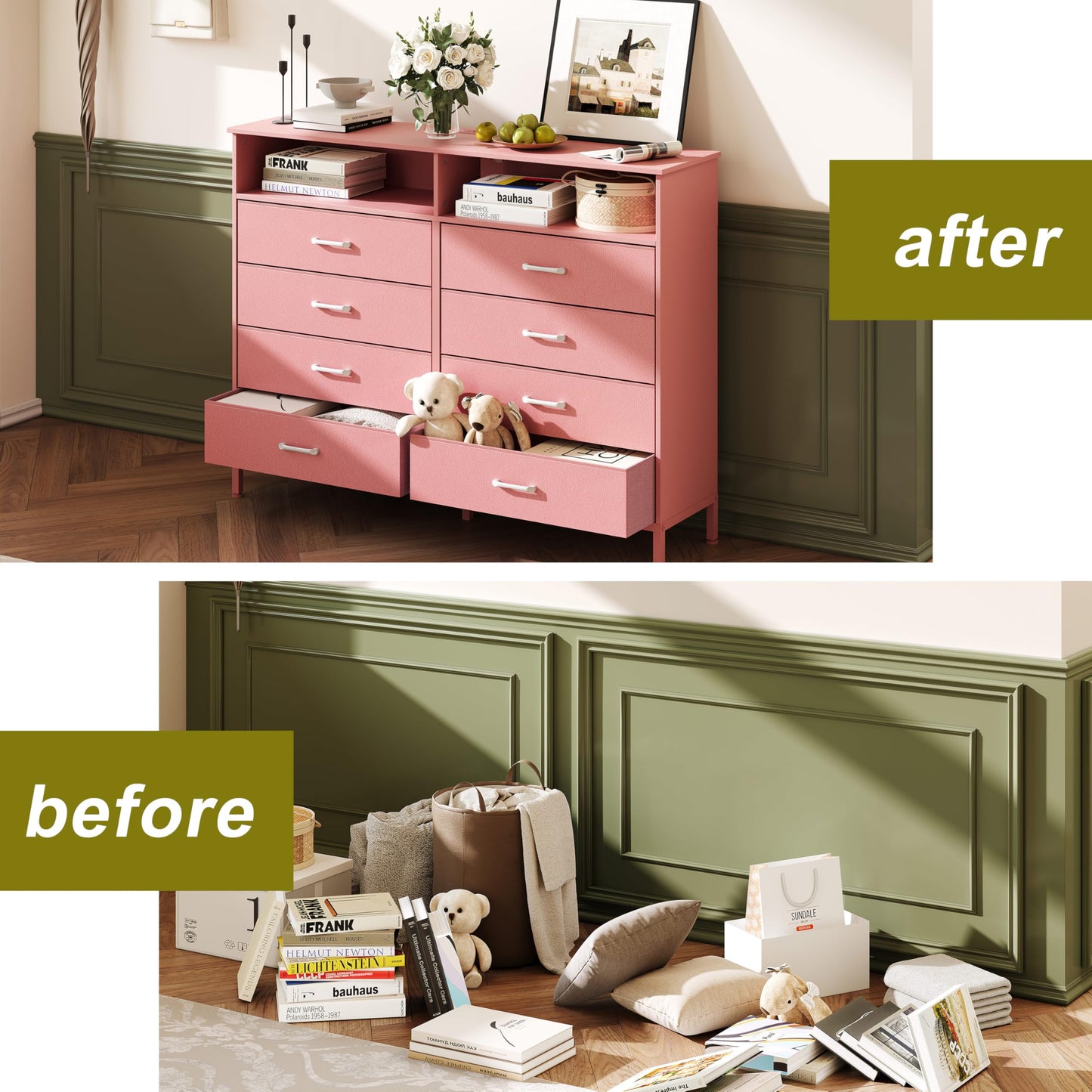 Dresser for Bedroom Pink Bedroom Dresser with LED Lights and Charging Station, 8 Long Fabric Drawers Dressers, Tall Wide Chest of Drawers Storage Organizer TV Stand for up to 60" TV for Living Room