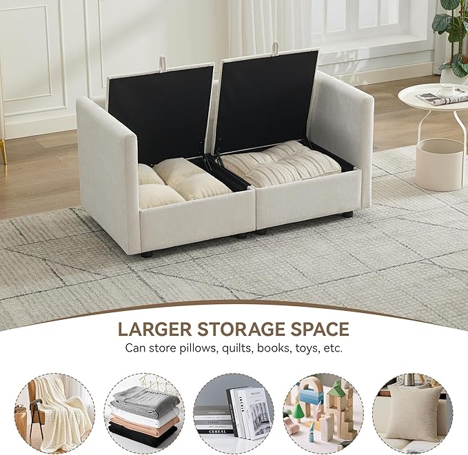 55" Cloud Modern Loveseat Sofa with Storage, Sectional Modula Small Sofa Love Seat Couch，Chenille 2 Seater Comfy Couch with Armrests for Living Room, Small Space, Beige