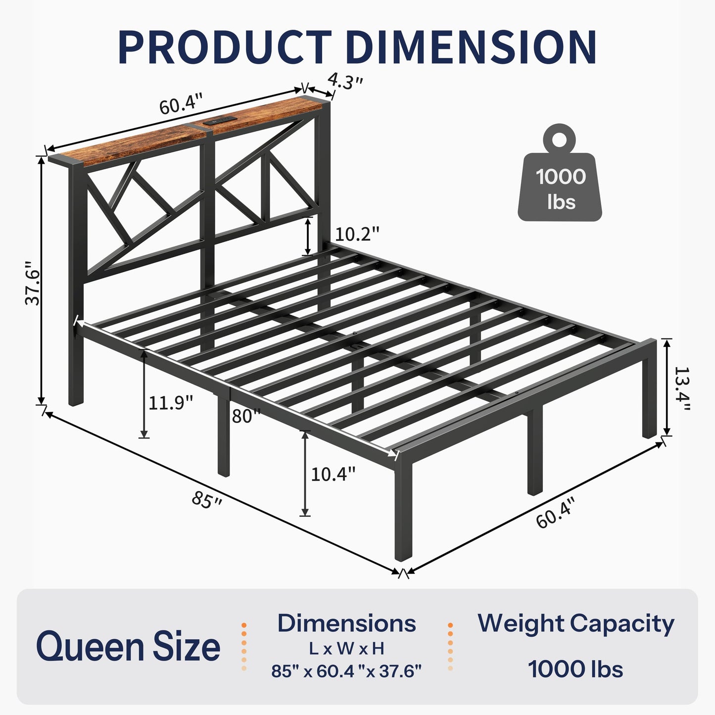 DynJest Queen Size Metal Bed Frame with LED Lights, Storage Headboard with Charging Station, Modern Queen Platform Bed with Heavy Duty Supports, No Box Spring Needed, Noise Free, Easy Assembly, Black