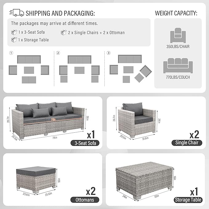 WAROOM Patio Furniture Set 6 Piece Outdoor Patio Set Grey Wicker Balcony Furniture Conversation Sets PE Rattan Couch Sofa with Coffee Table, Grey Cushion