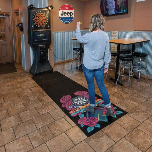 PIG Rose & Bone Design Self-Sticking Dart Mat – Official Soft & Steel Tip Throwlines - Black – 3’ x 10’ – PM70151