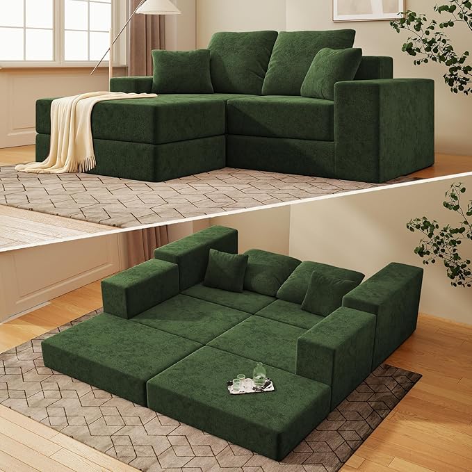 Cloud Modular Sectional Sofa, Comfy Boneless Couch for Living Room, Modern L-Shaped Couch with Reversible Chaise, Customizable Sleeper Sofa with Non Slip, No Assembly & Deep Seat, Green