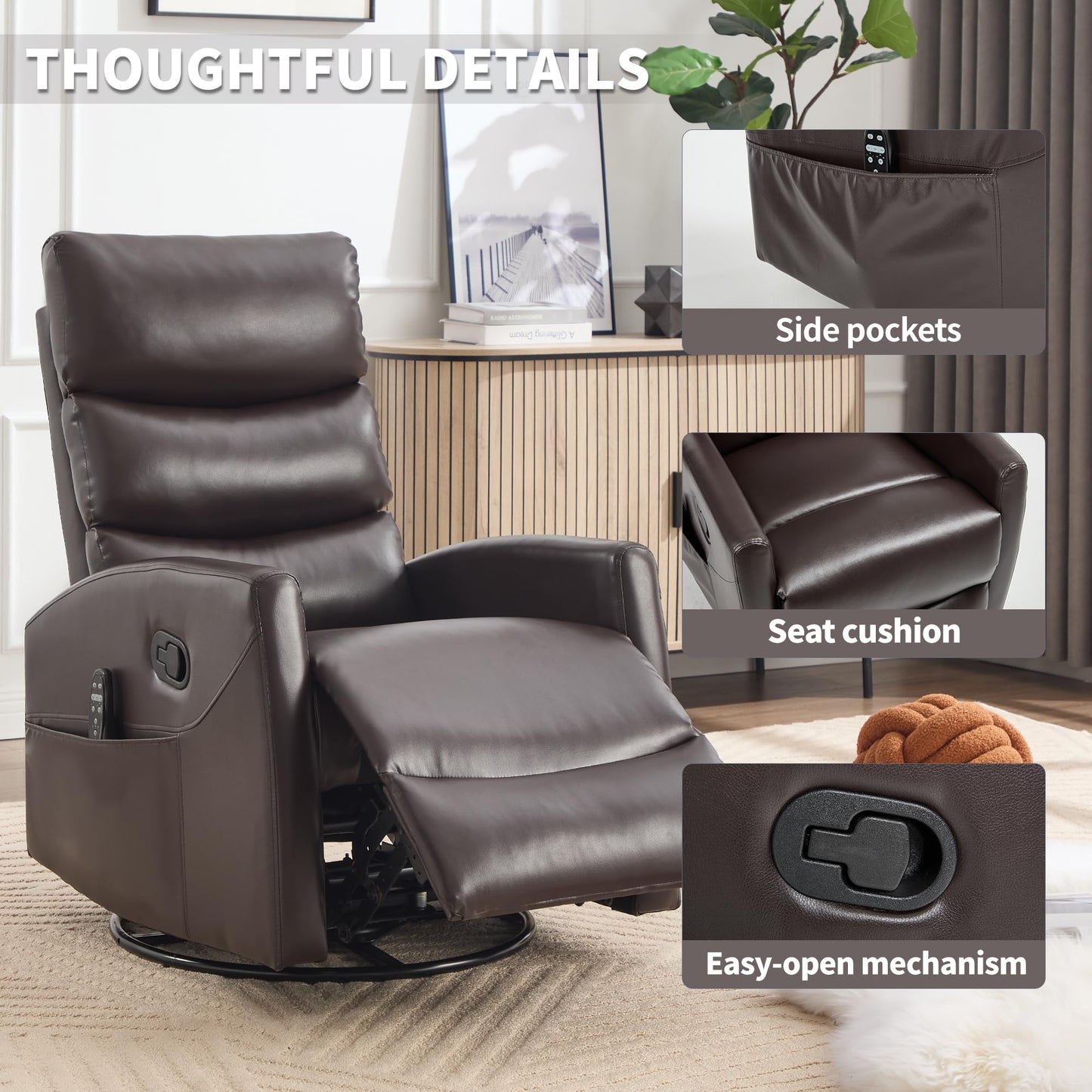 KEIKI 4-in-1 Manual Swivel Rocker Recliner Chair for Home Living Room, Faux Leather Chair with Back Massager & Heat, Home Theater Seating with Lumbar Support, Soft Bedroom Chairs for Adults, Brown