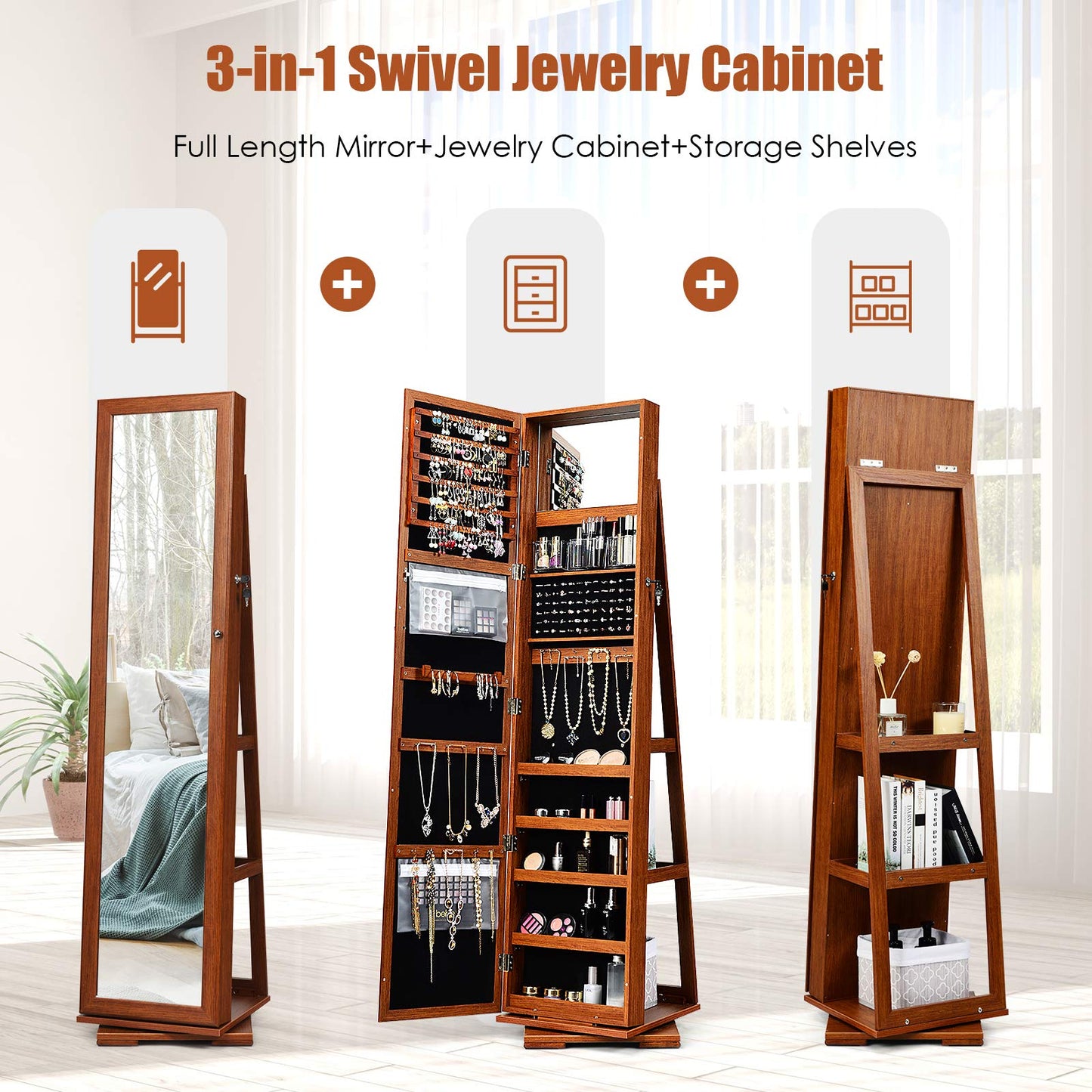 squareful OFFICEJOY 360°Rotating Jewelry Armoire w/Full Length Mirror, Inside Makeup Mirror, Lockable Standing Jewelry Cabinet, Mirrored Jewelry Cabinet Organizer for Rings Earrings Cosmetic (Brown)