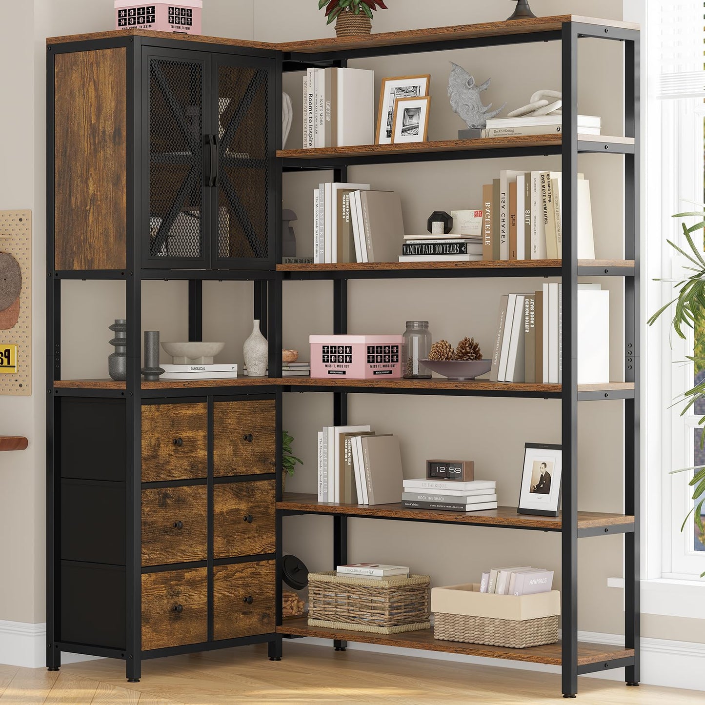 HAUOMS Corner Bookshelf, 6 Tier Industrial Convertible Bookshelf with 6 Fabric Drawers, Corner Bookcase Large L Shaped Storage Display Shelf for Home Office, Living Room, Kitchen, Rustic Brown