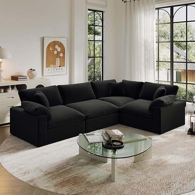 Intuition Decor Cloud Modular Sectional Sofa,189.4" Down Filled Sofa 4 Seat with Chaise,Minimalist Sofa Cover Washable and Replaceable Couches for Living Room,Sectional Sofa Deep Seat Black