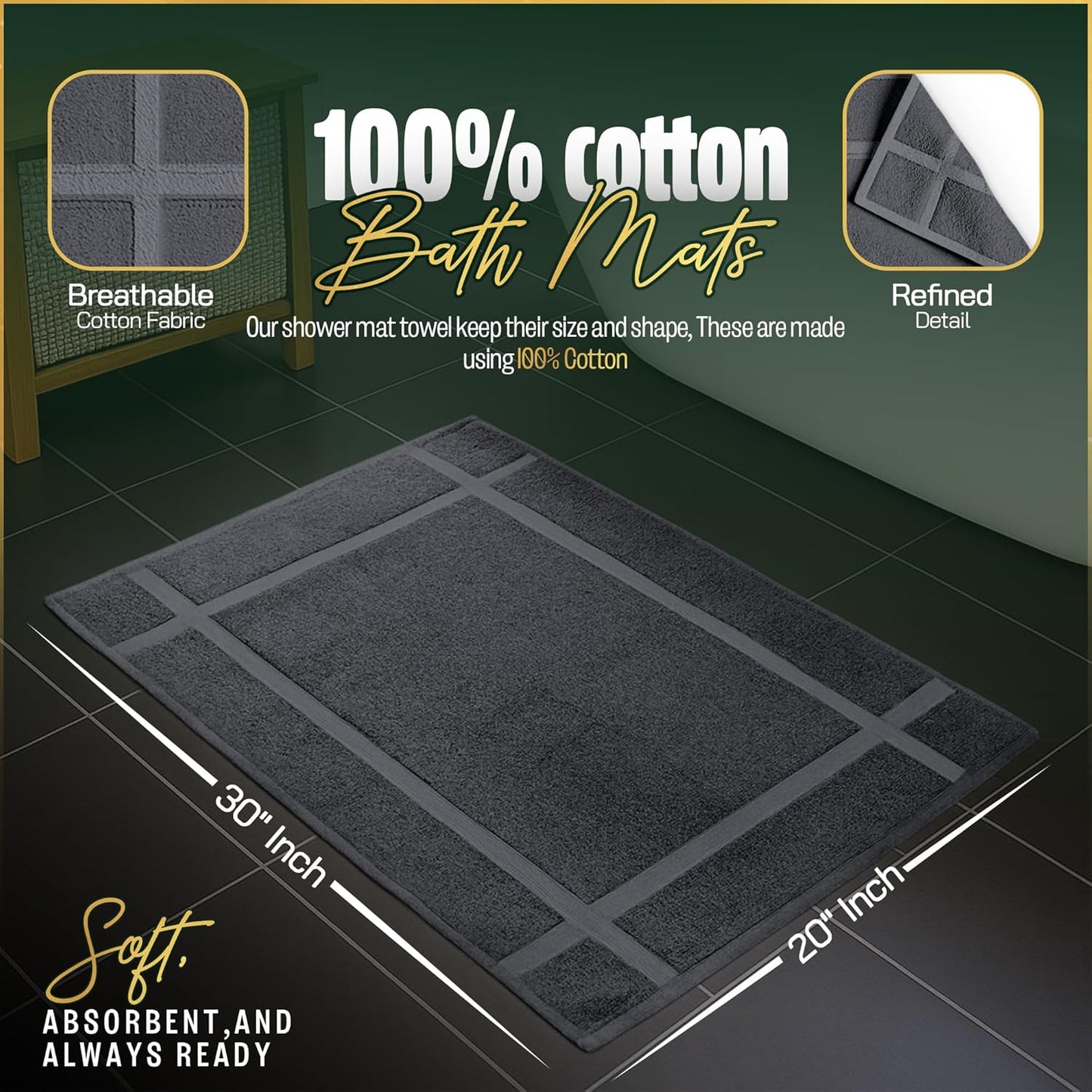 Pearl Linens Pack of 12 Washable Cotton Bath Mat 20x30 - Soft & Absorbent Quick Dry Bathroom Mat Set, Not Bathroom Rugs After Shower Mat, Terry Bath Tubmat, 687 GSM Dark Grey
