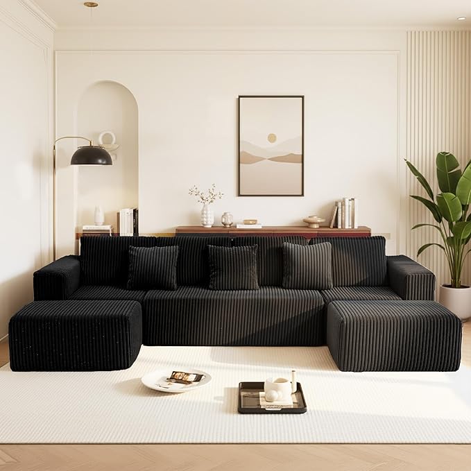 SEENYOO 132" U Shaped Modular Sofa, 4-Seater Sectional Cloud Couch with Chaise, Soft Corduroy Boneless for Living Room, No Assembly Required, Free Configuration, Black