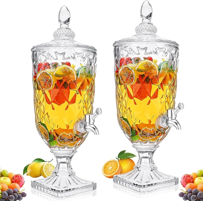 Nuogo 2 Pcs 0.8 Gallon Drink Dispensers for Parties Glass Beverage Dispenser with Stand and Spigot Vintage Iced Beverage D...