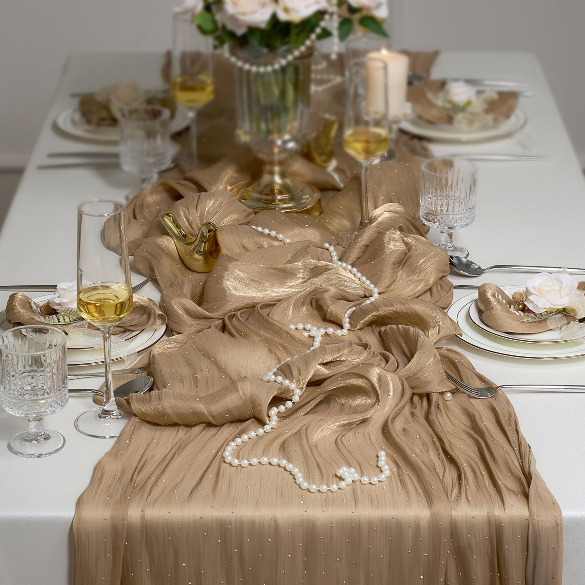 Leetaltree Luxury Rhinestone Scarf Table Runner 120 Inch 10FT - Liquid Silk Shine, Elegant Gift Set with Card for Wedding, Christmas, Baby Shower, Birthday, Holiday & Home Decor (Champagne, 1 Pack)