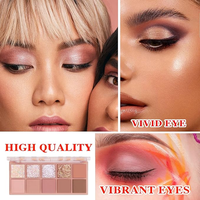 10 Shades Nude Matte Eyeshadow Palette,Shimmer Naked Eyeshadow Palette,Eye Shadow Palette Natural Flash Waterproof Durable Smoked Professional Makeup Palette With Brush 03