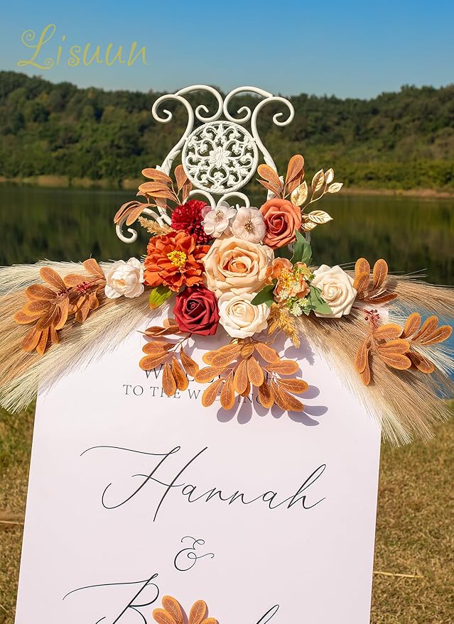 Wedding Arch Flowers, Artificial Floral Decor for Wedding Ceremony & Reception, Standard Size Large Flower Swag Set for Backdrop & Welcome Sign, Pack of 2 (Autumn Chrysanthemum Pampas)
