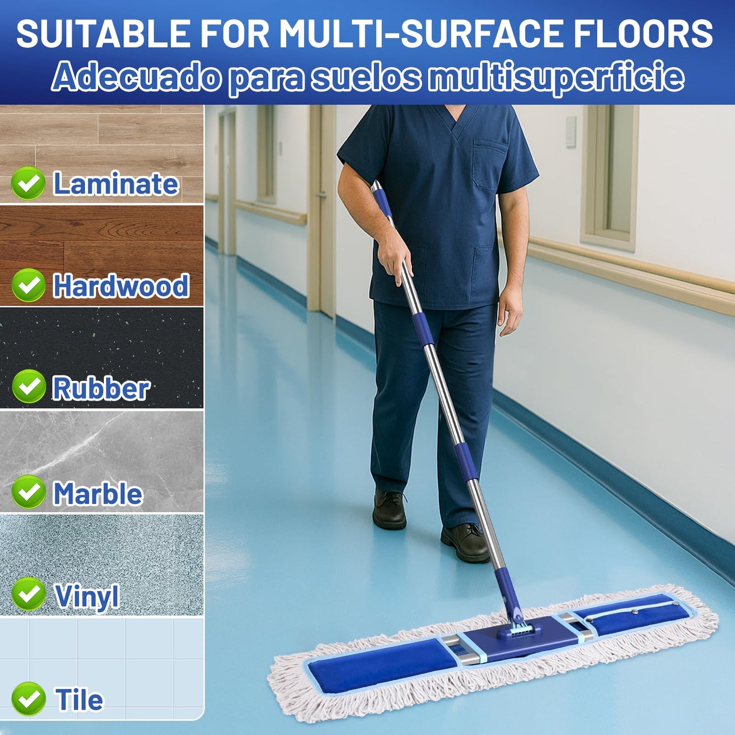 EHADOO 36" Commercial Dust Mop: Dry Dust Broom for Hardwood Floors Cleaning - 2 Reausable Mop Pads 59" Long Handle Heavy Duty Frame - Professional Cleaning Supplies for Hotel Warehouse School Janitor