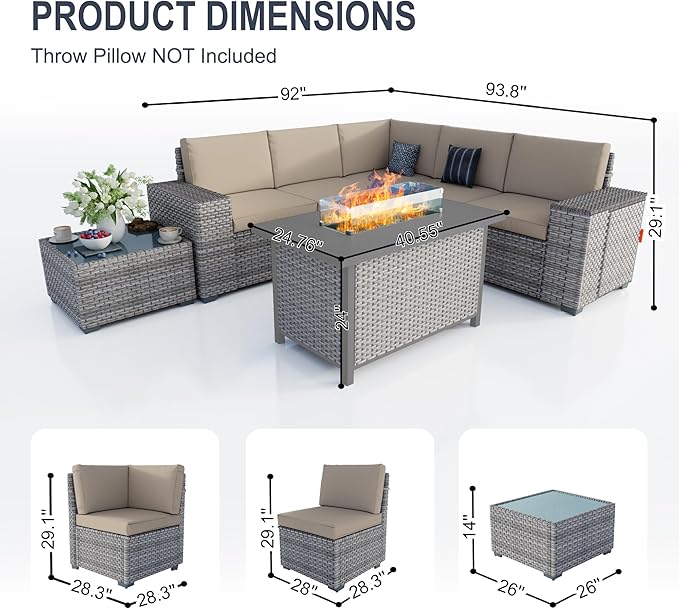 PCSXDSW 7 Pieces Patio Furniture Set, Outdoor Modular Sectional Couch Conversation Set with Wide Armrests, Wicker Seating Group Sofa with Coffee Table and Fire Pit for Backyard Deck (Khaki Cushions)