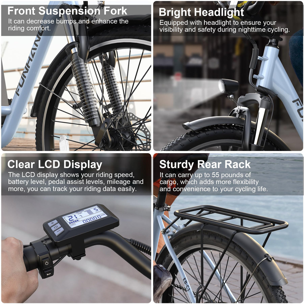 Funhang Electric Bike for Adults, 26" 1000W Peak City Cruiser Ebike, 21.7MPH 50 Miles Commuter Electric Bicycle with 48V 374.4WH Removable Li-ion Battery, Adjustable Stem, Rear Rack, Fenders, 7-Speed