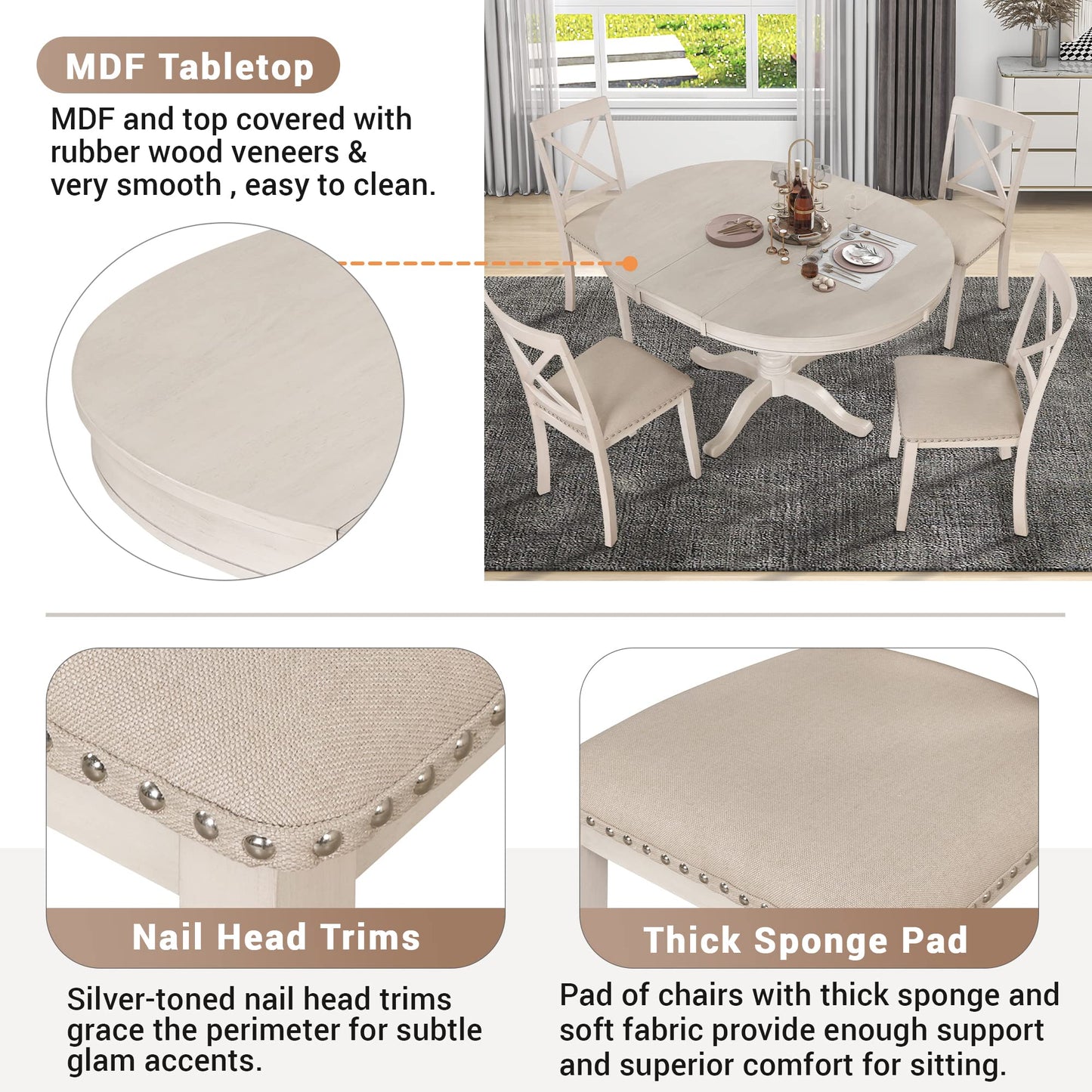 GDFStudio Modern Round Dining Table Set for 4, 5-Piece Kitchen Table with Extendable Oval Top and 4 Solid Wood Chairs, Small Space Furniture for Dining Room, Breakfast Nook, Dinette, Antique White