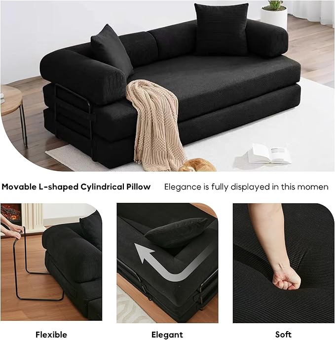 ZEIINPA Convertible Sleeper Sofa Bed with Cylindrical Pillow, Corduroy Folding Mattress Couch with Fixed-Shape Frame, Floor Sofa Lounge Couch for Living Room Bedroom Lounge Studio-Black