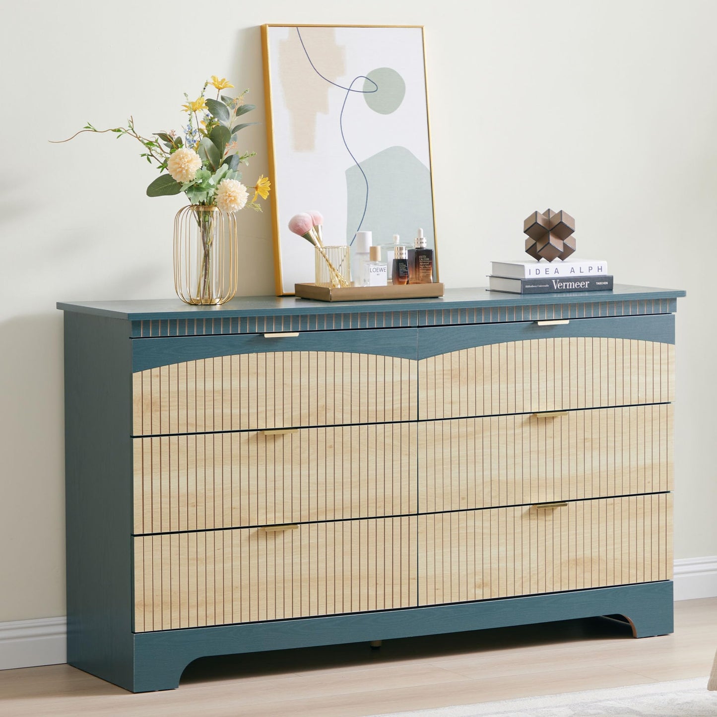 Janmer Home Fluted 6 Drawers Dresser for Bedroom, Mid Century Modern Dresser for Closet & Chest of Drawers, 54 Inch Wood Large Drawer TV Stand for Living Room (Teal, 6 Drawer)